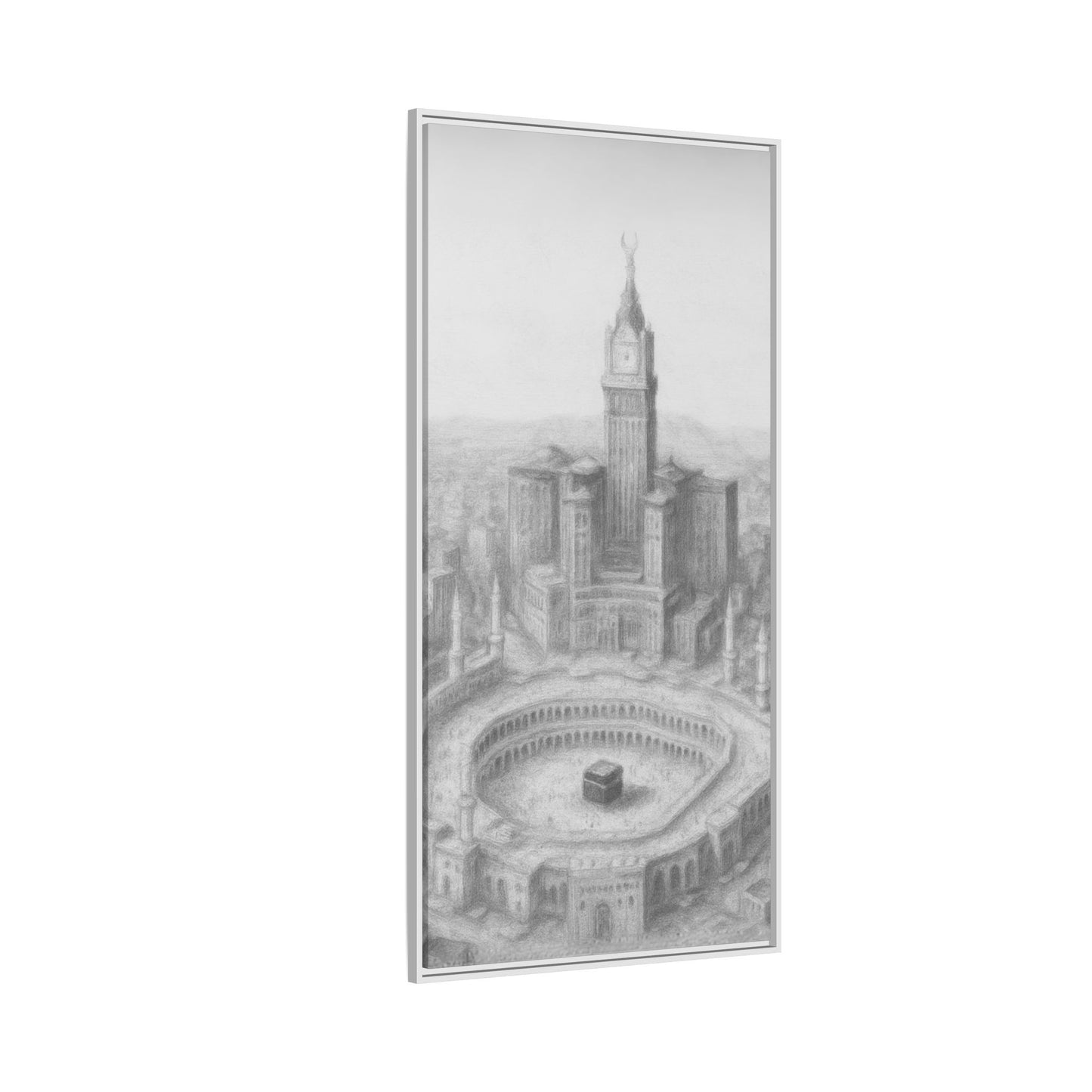 Black & White Kaaba & Clock Tower Drawing – Framed Canvas
