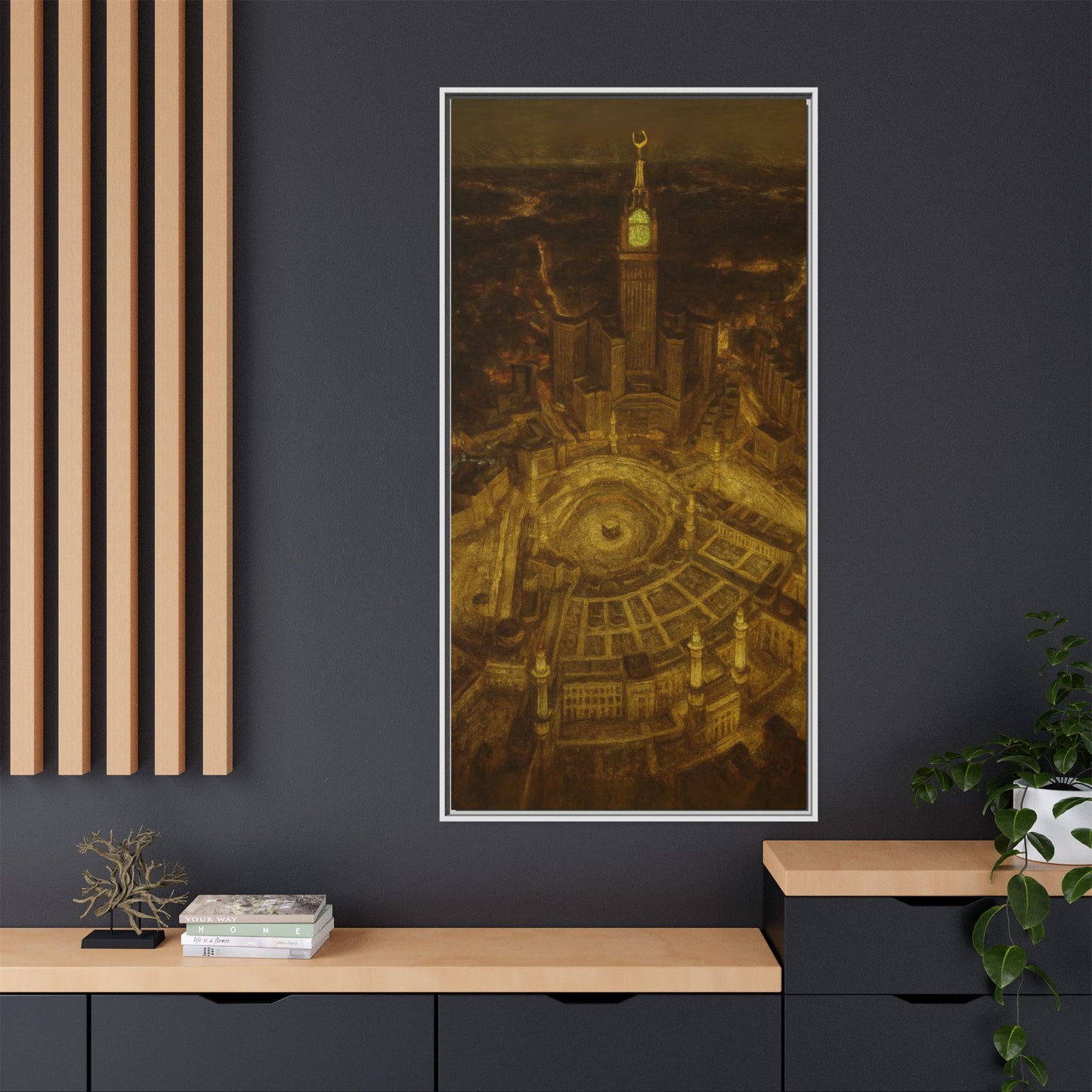 Golden Night Kaaba & Clock Tower – Aerial View Framed Canvas