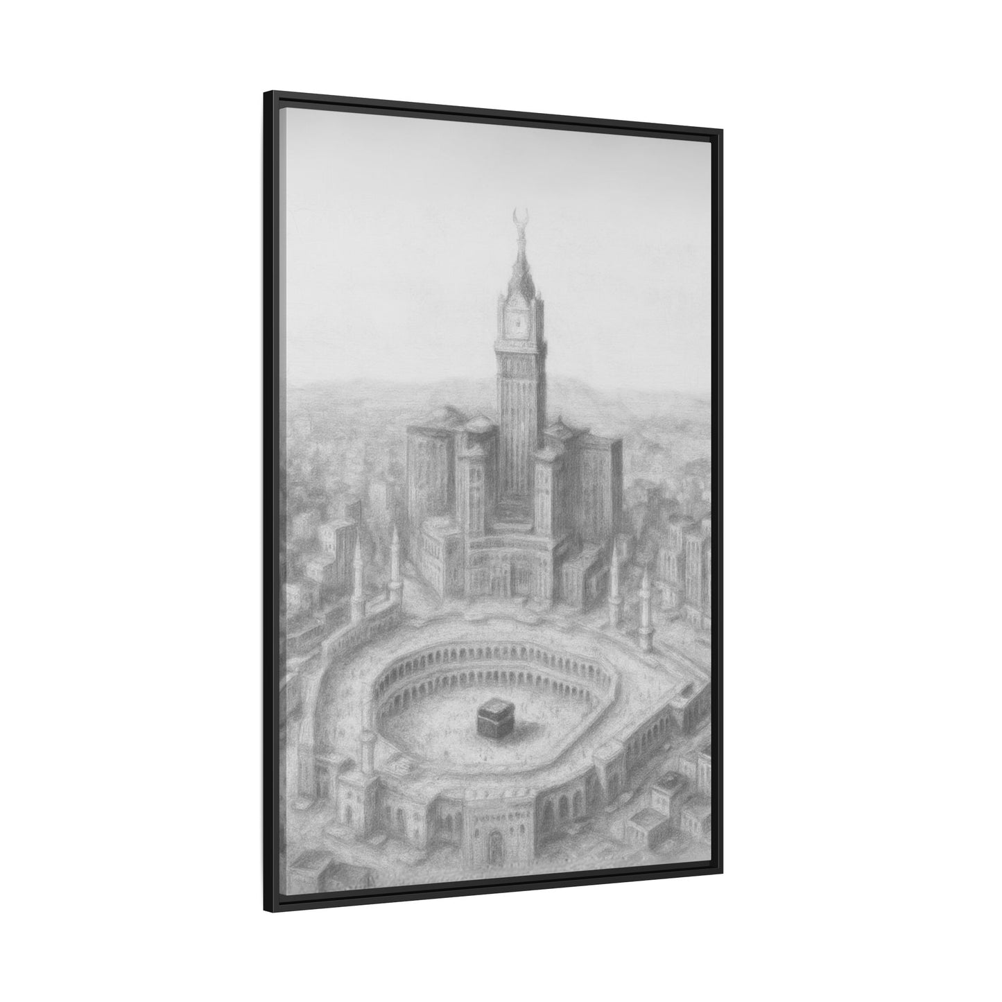 Black & White Kaaba & Clock Tower Drawing – Framed Canvas
