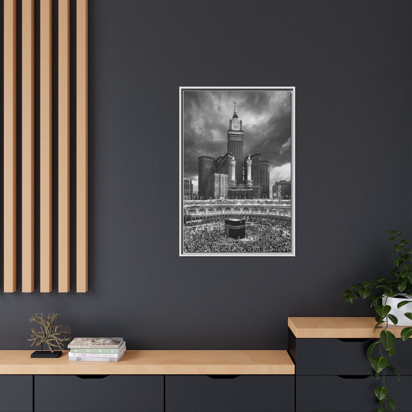 Black & White Makkah Clock Tower & Kaaba – Framed Canvas