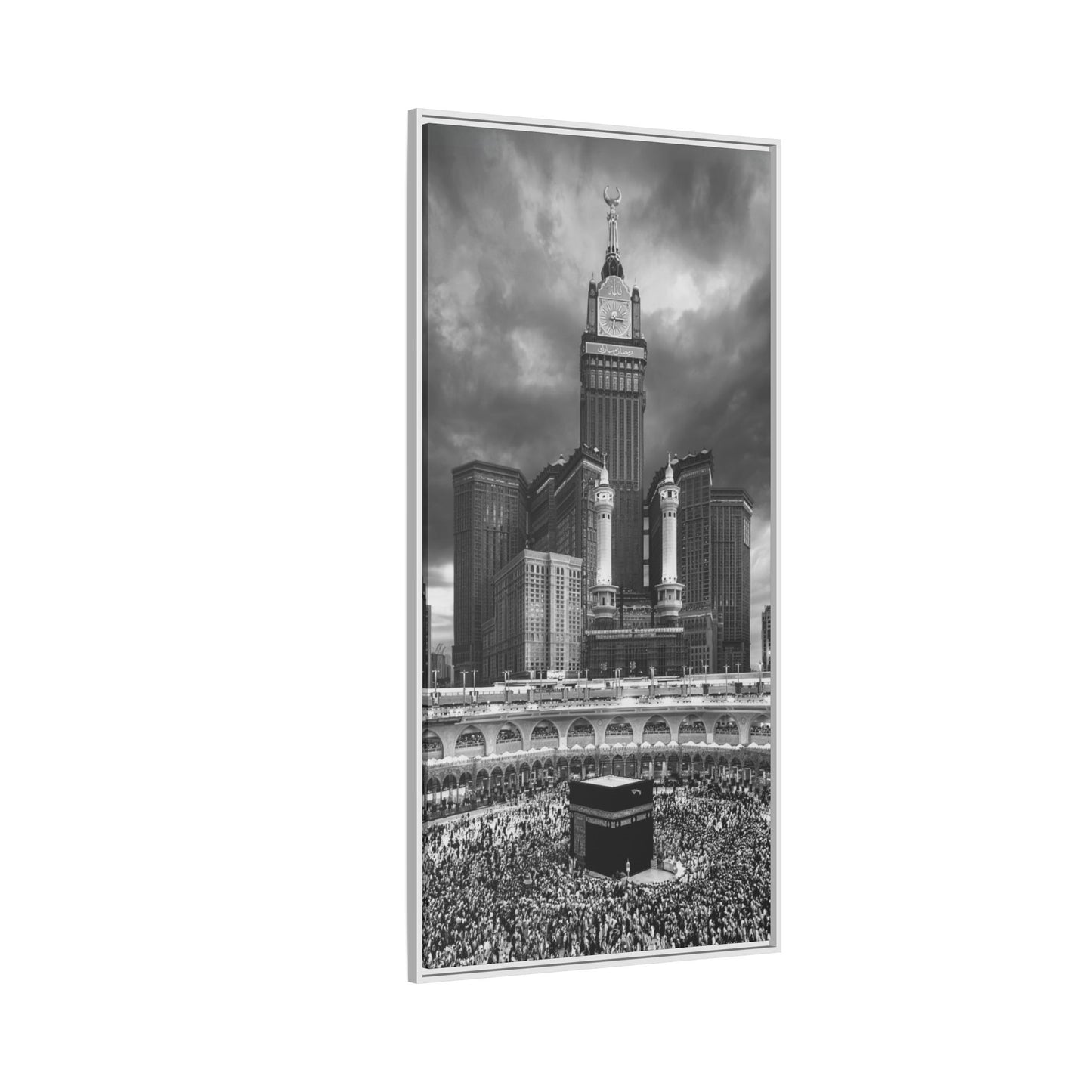 Black & White Makkah Clock Tower & Kaaba – Framed Canvas