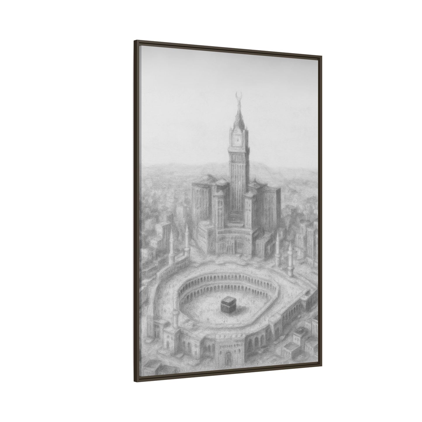 Black & White Kaaba & Clock Tower Drawing – Framed Canvas
