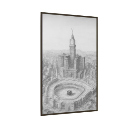 Black & White Kaaba & Clock Tower Drawing – Framed Canvas