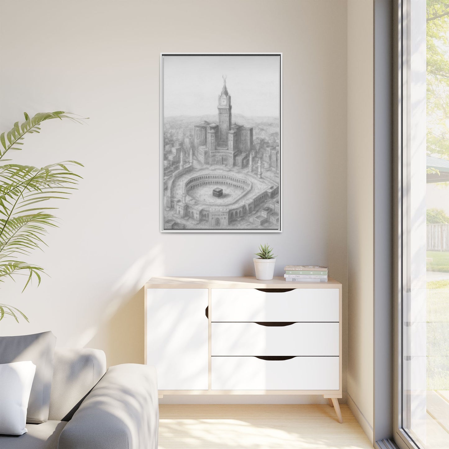 Black & White Kaaba & Clock Tower Drawing – Framed Canvas
