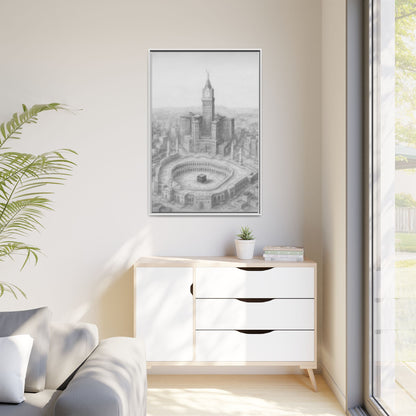 Black & White Kaaba & Clock Tower Drawing – Framed Canvas