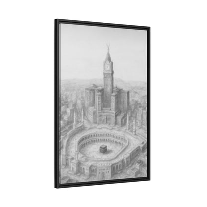 Black & White Kaaba & Clock Tower Drawing – Framed Canvas
