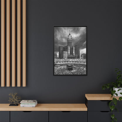 Black & White Makkah Clock Tower & Kaaba – Framed Canvas