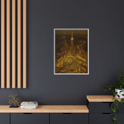 Golden Night Kaaba & Clock Tower – Aerial View Framed Canvas