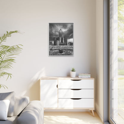 Black & White Makkah Clock Tower & Kaaba – Framed Canvas