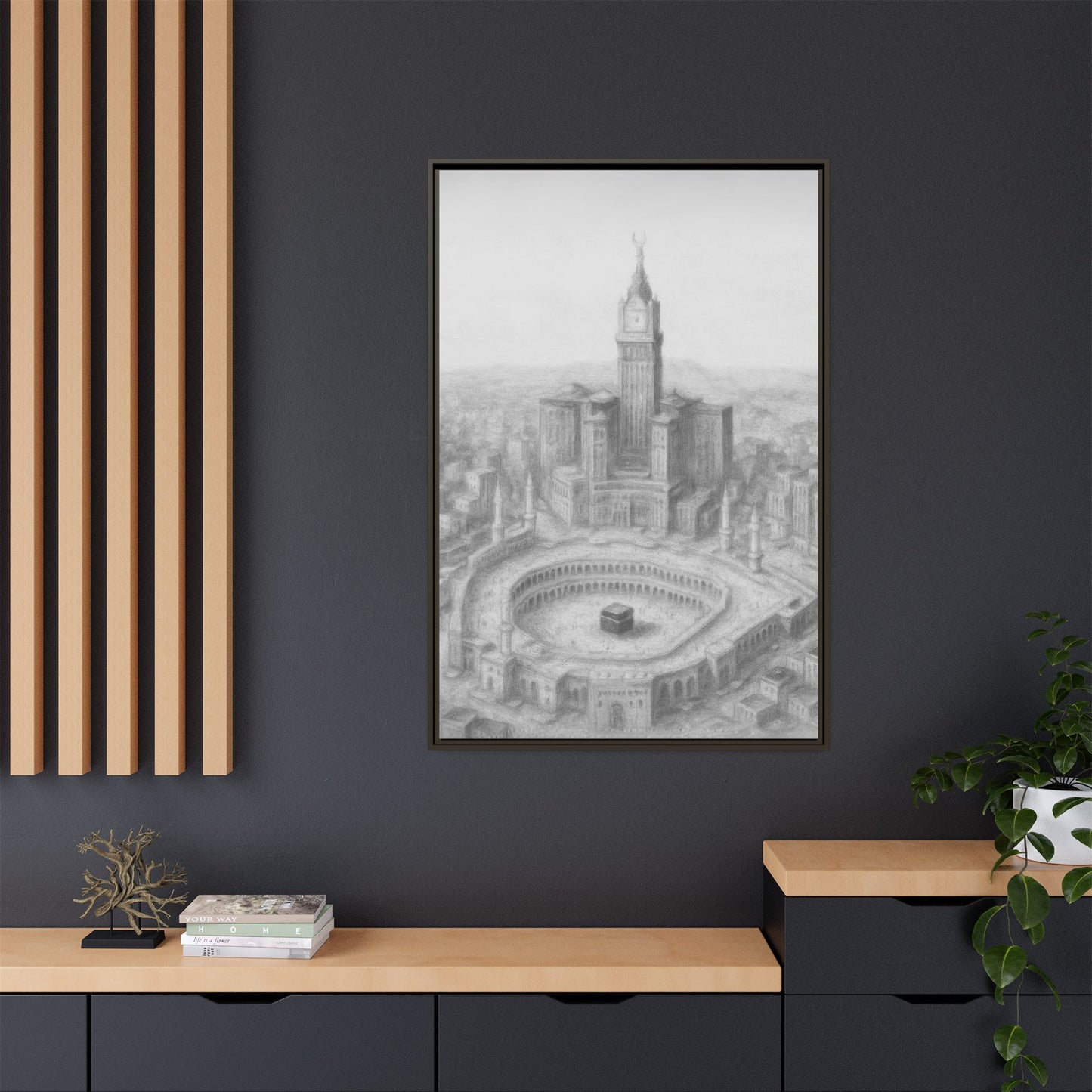 Black & White Kaaba & Clock Tower Drawing – Framed Canvas