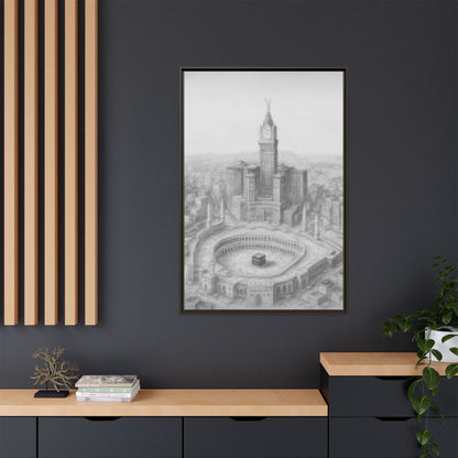 Black & White Kaaba & Clock Tower Drawing – Framed Canvas