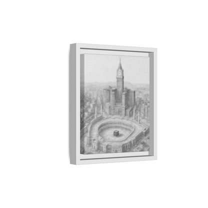 Black & White Kaaba & Clock Tower Drawing – Framed Canvas