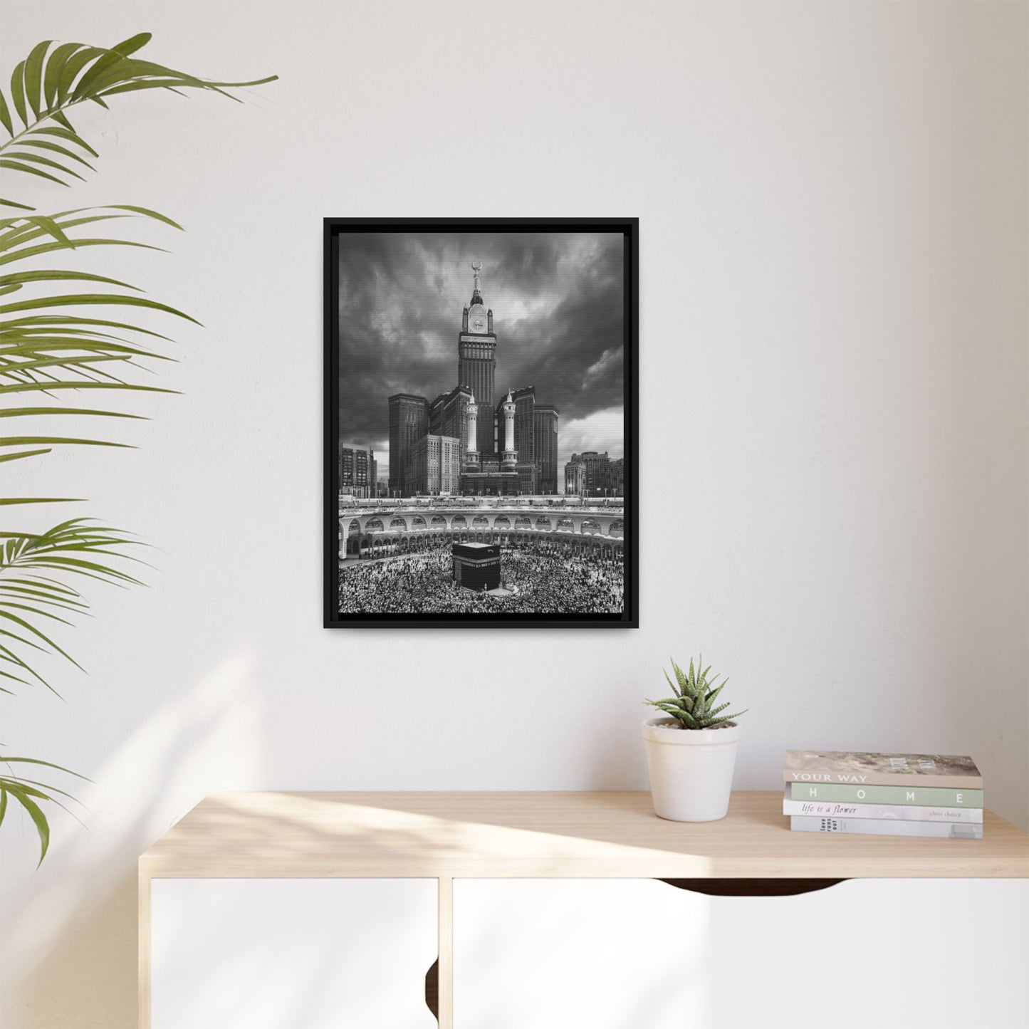 Black & White Makkah Clock Tower & Kaaba – Framed Canvas