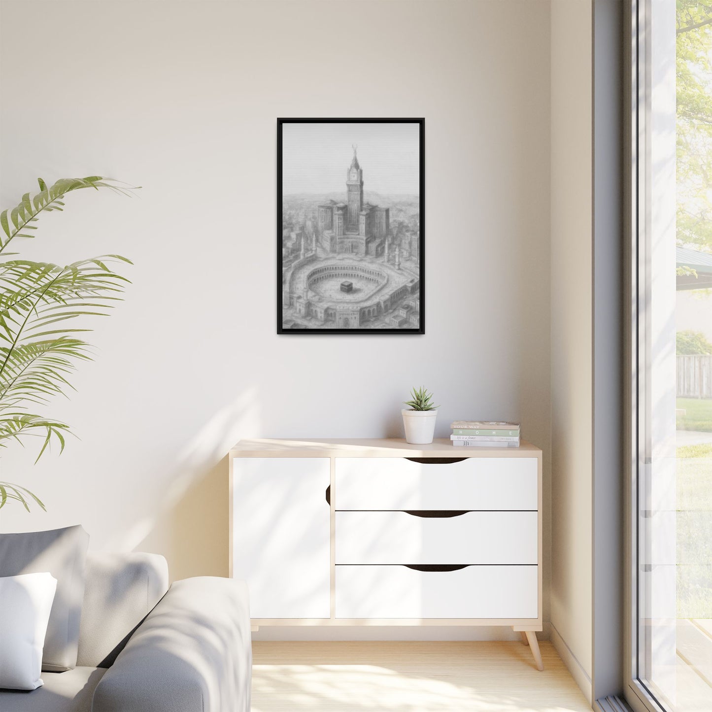 Black & White Kaaba & Clock Tower Drawing – Framed Canvas