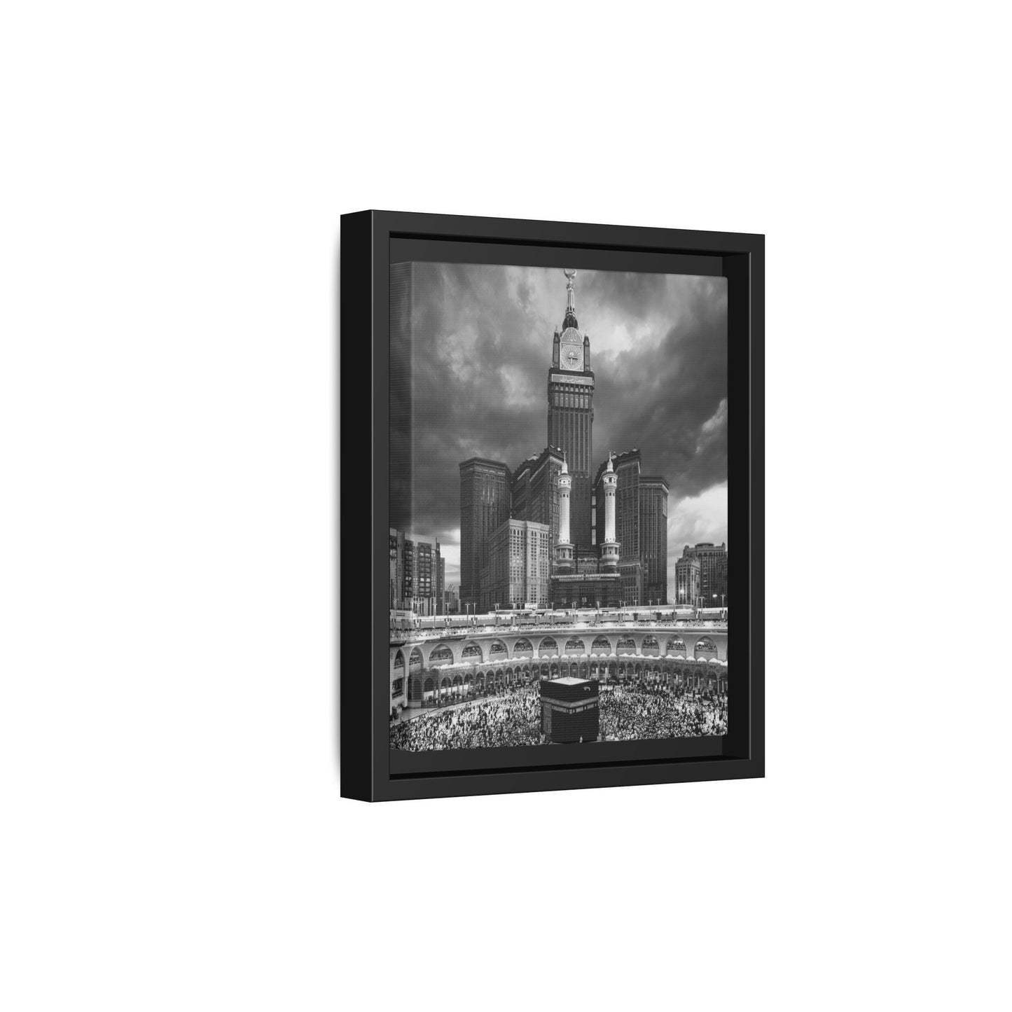 Black & White Makkah Clock Tower & Kaaba – Framed Canvas