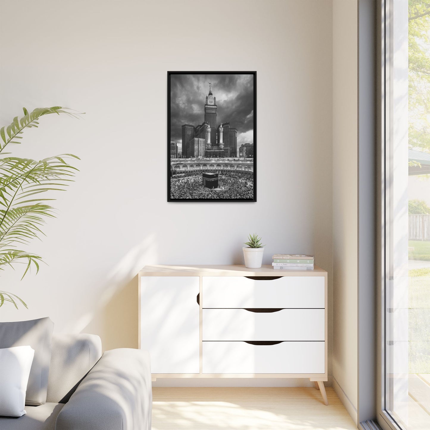 Black & White Makkah Clock Tower & Kaaba – Framed Canvas