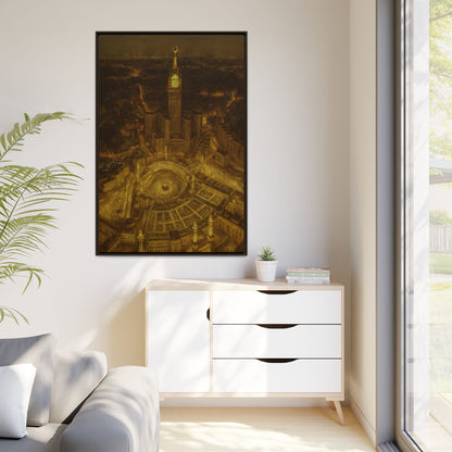 Golden Night Kaaba & Clock Tower – Aerial View Framed Canvas