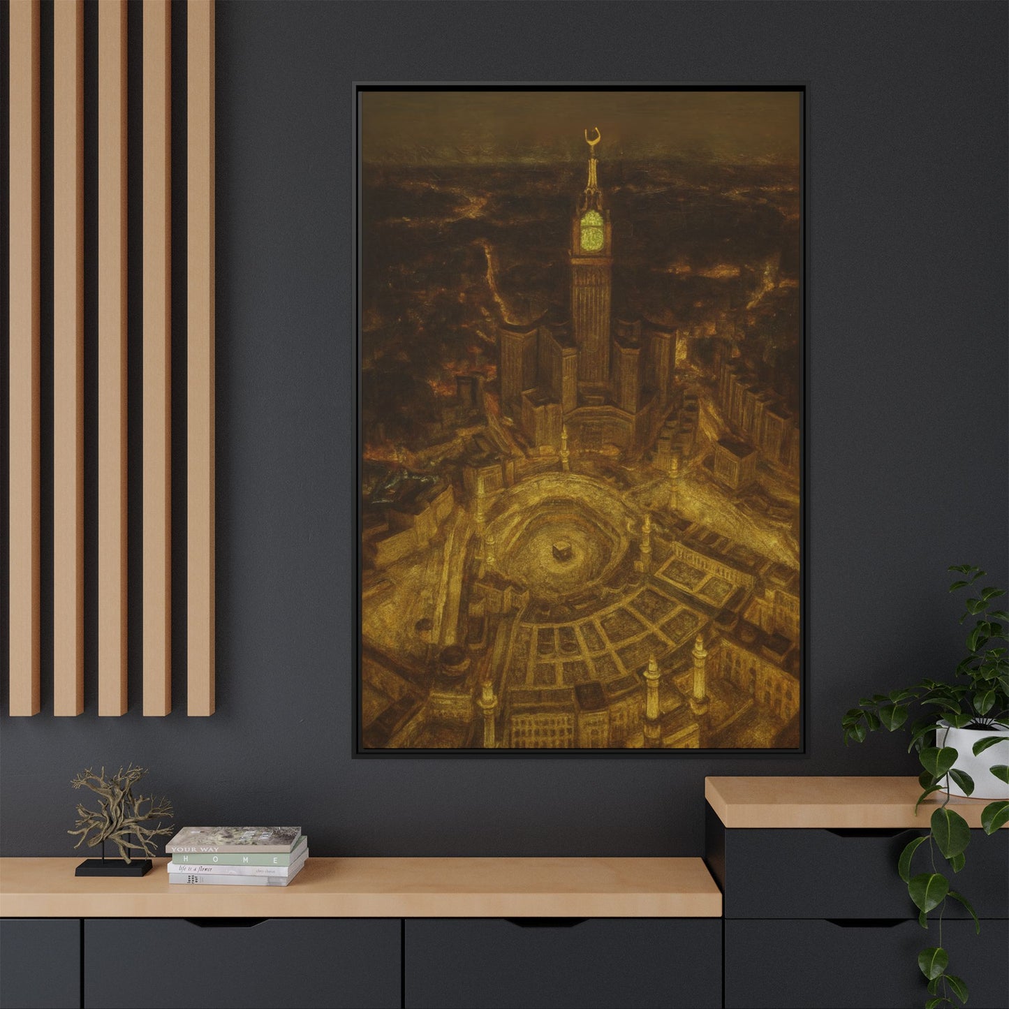 Golden Night Kaaba & Clock Tower – Aerial View Framed Canvas