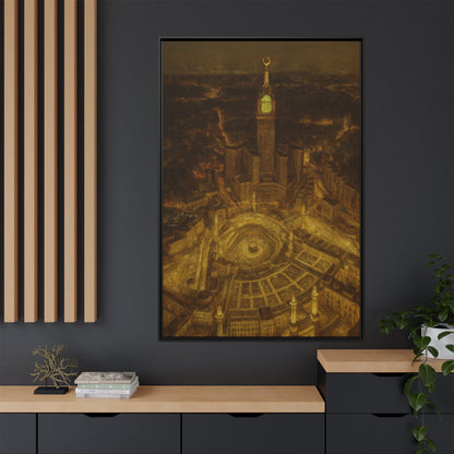Golden Night Kaaba & Clock Tower – Aerial View Framed Canvas