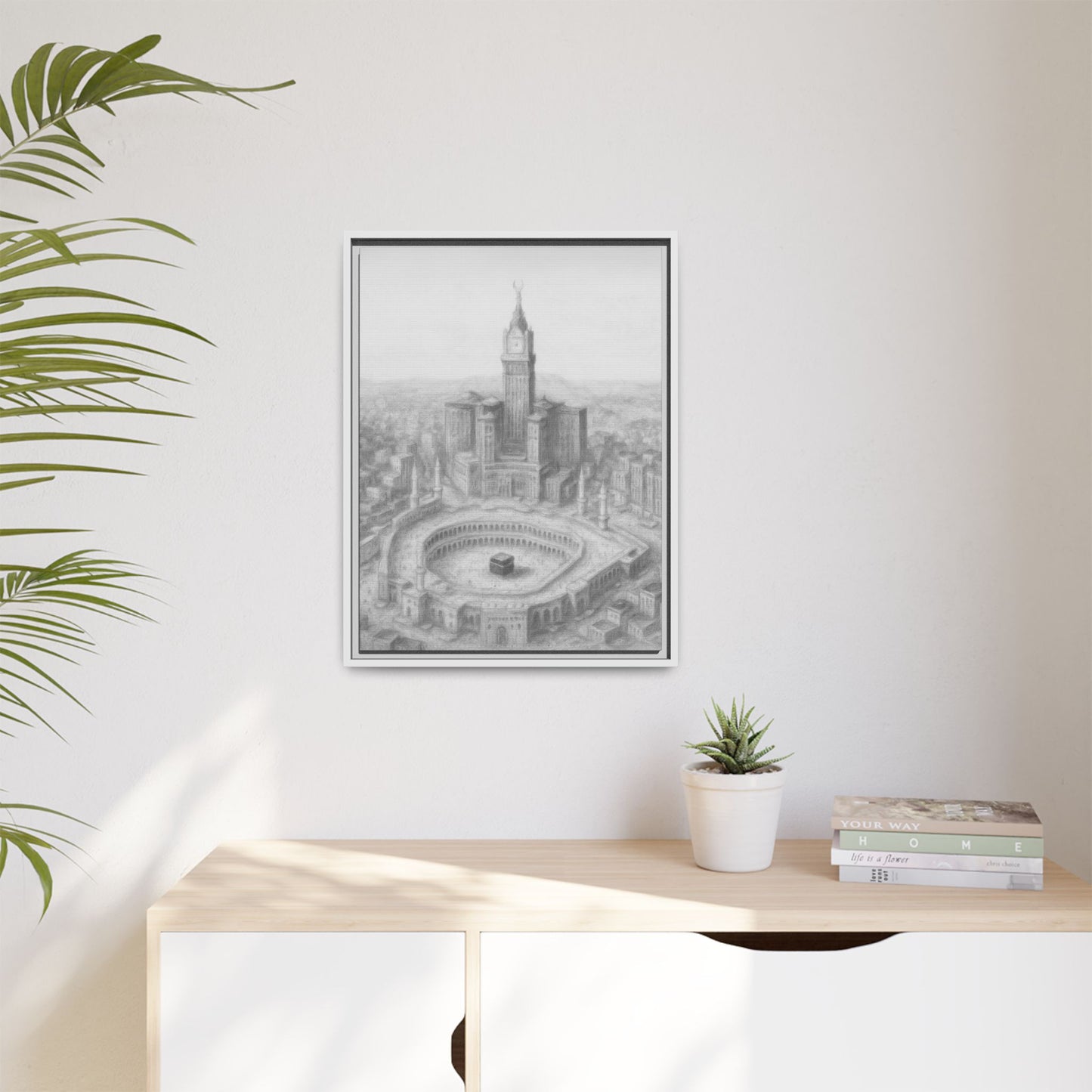 Black & White Kaaba & Clock Tower Drawing – Framed Canvas