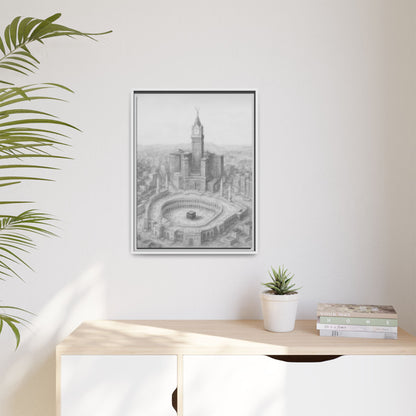 Black & White Kaaba & Clock Tower Drawing – Framed Canvas