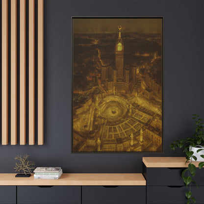 Golden Night Kaaba & Clock Tower – Aerial View Framed Canvas