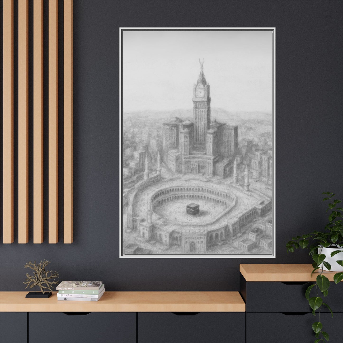 Black & White Kaaba & Clock Tower Drawing – Framed Canvas
