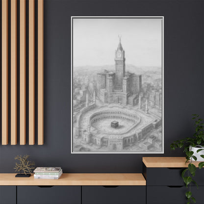 Black & White Kaaba & Clock Tower Drawing – Framed Canvas