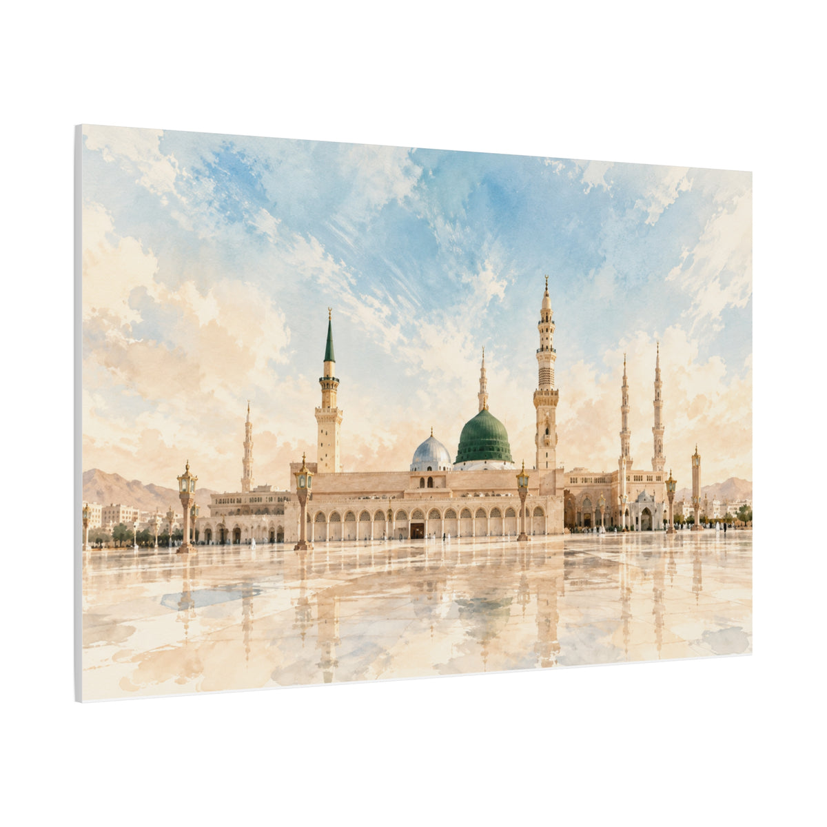 Masjid Nabawi Watercolor Canvas Wall Art – Islamic Home Decor, Medina Mosque Print