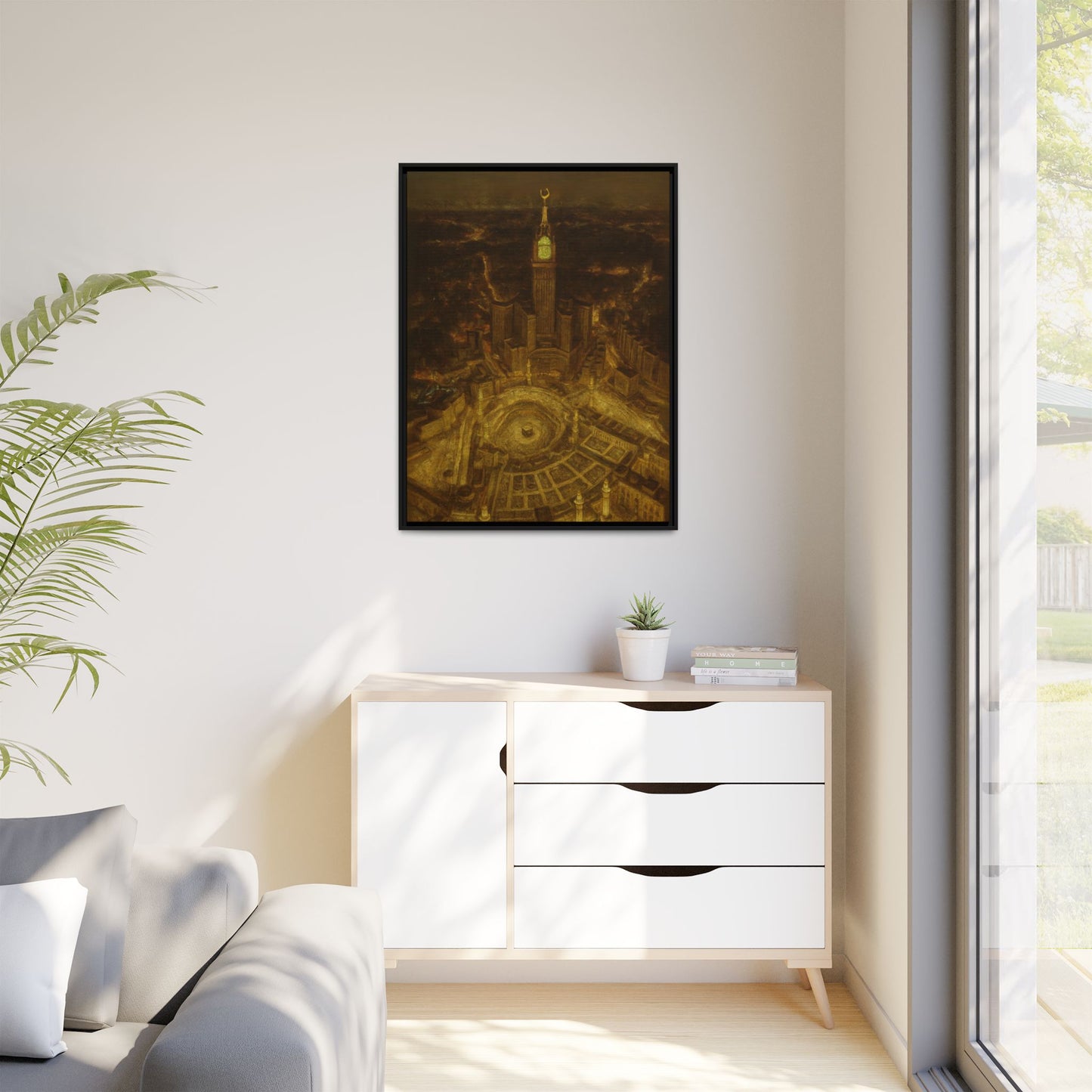Golden Night Kaaba & Clock Tower – Aerial View Framed Canvas