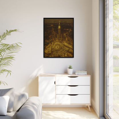 Golden Night Kaaba & Clock Tower – Aerial View Framed Canvas