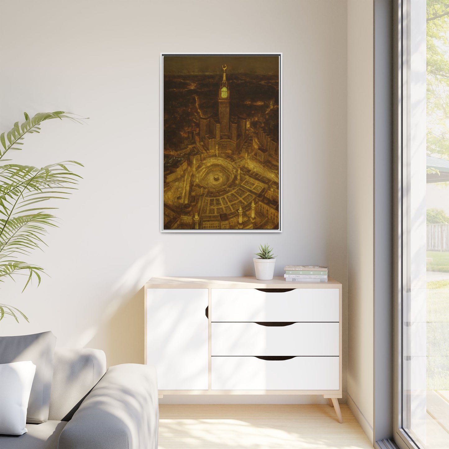 Golden Night Kaaba & Clock Tower – Aerial View Framed Canvas