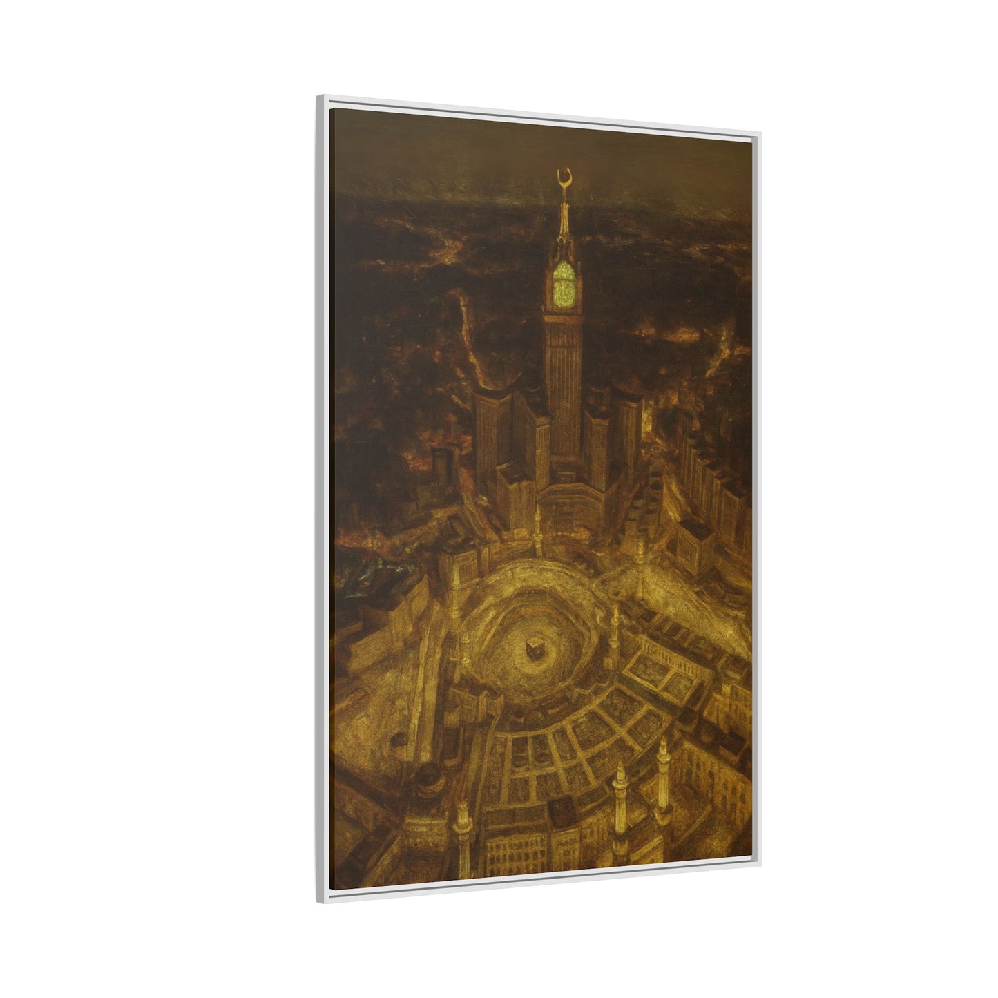 Golden Night Kaaba & Clock Tower – Aerial View Framed Canvas
