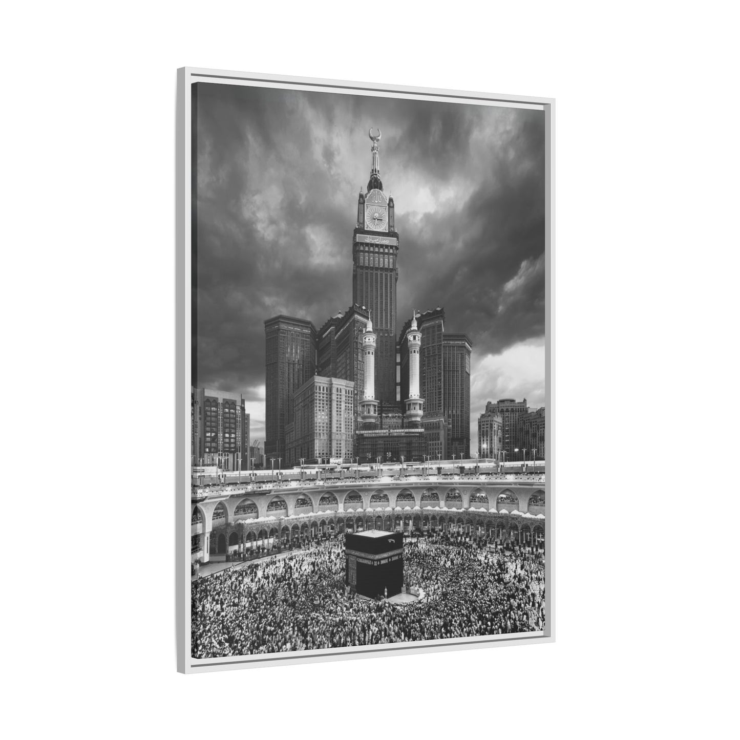 Black & White Makkah Clock Tower & Kaaba – Framed Canvas