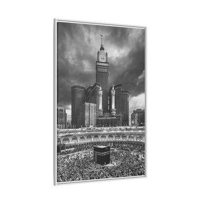 Black & White Makkah Clock Tower & Kaaba – Framed Canvas