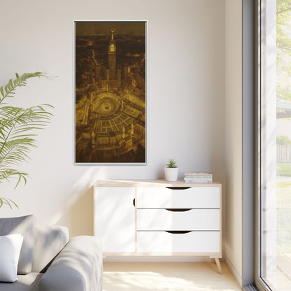 Golden Night Kaaba & Clock Tower – Aerial View Framed Canvas