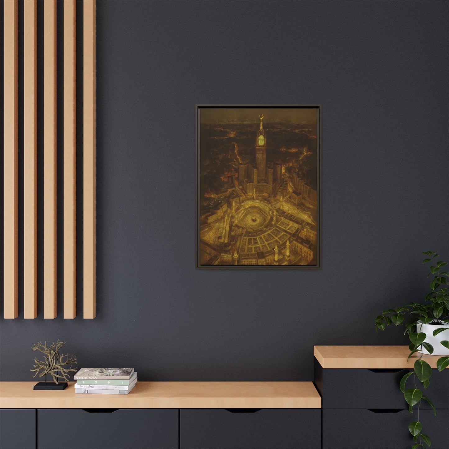 Golden Night Kaaba & Clock Tower – Aerial View Framed Canvas