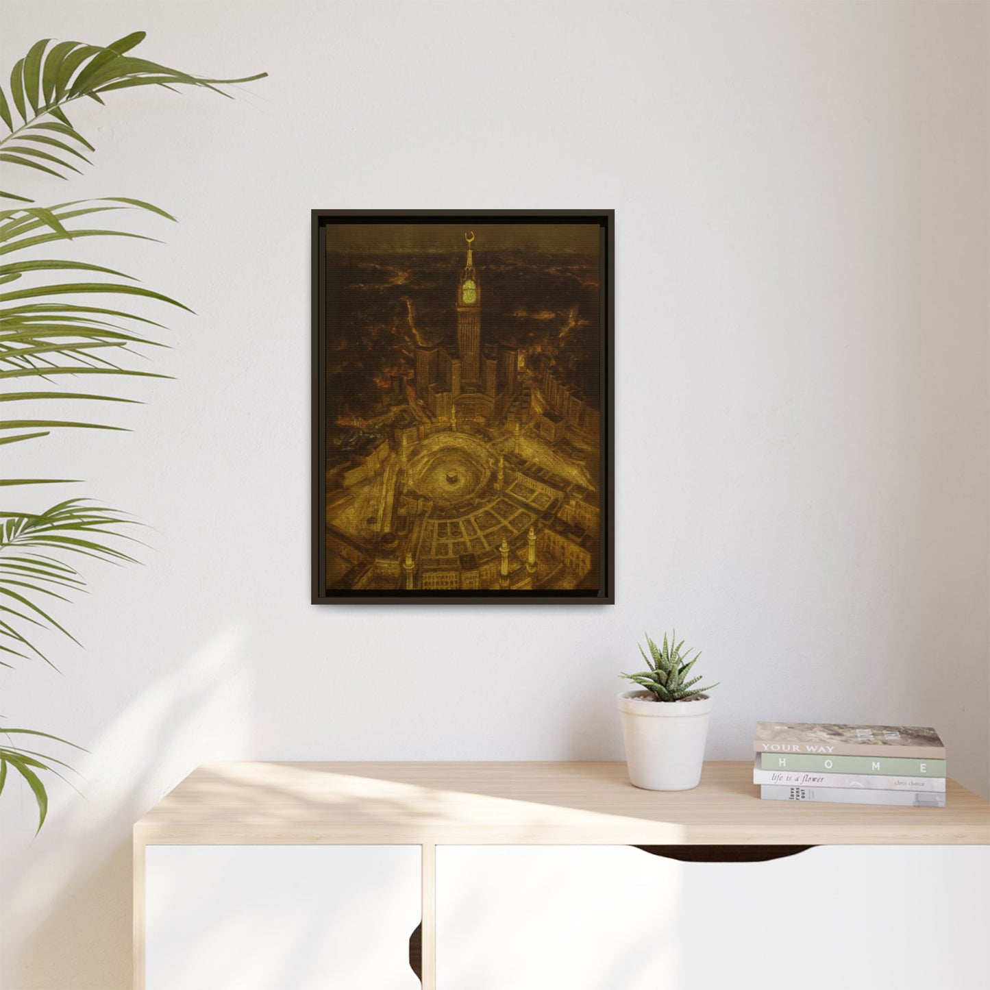 Golden Night Kaaba & Clock Tower – Aerial View Framed Canvas