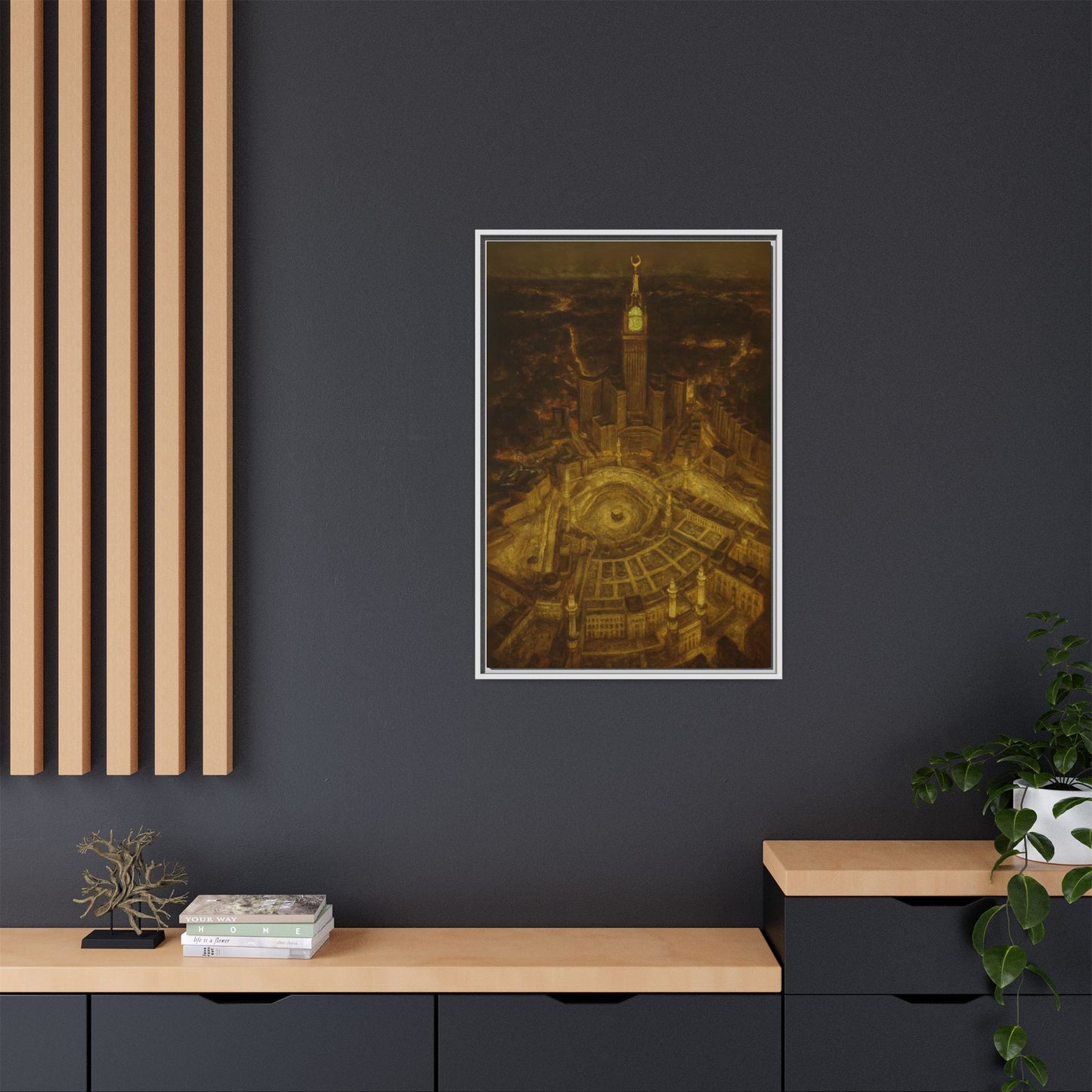 Golden Night Kaaba & Clock Tower – Aerial View Framed Canvas