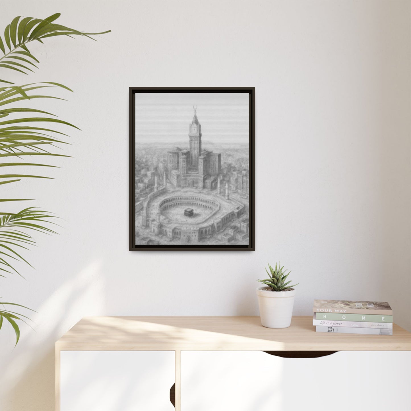 Black & White Kaaba & Clock Tower Drawing – Framed Canvas