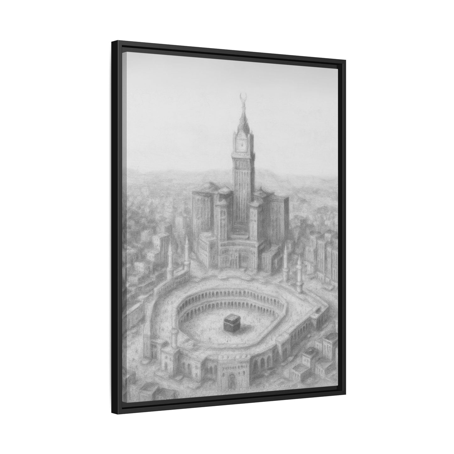 Black & White Kaaba & Clock Tower Drawing – Framed Canvas