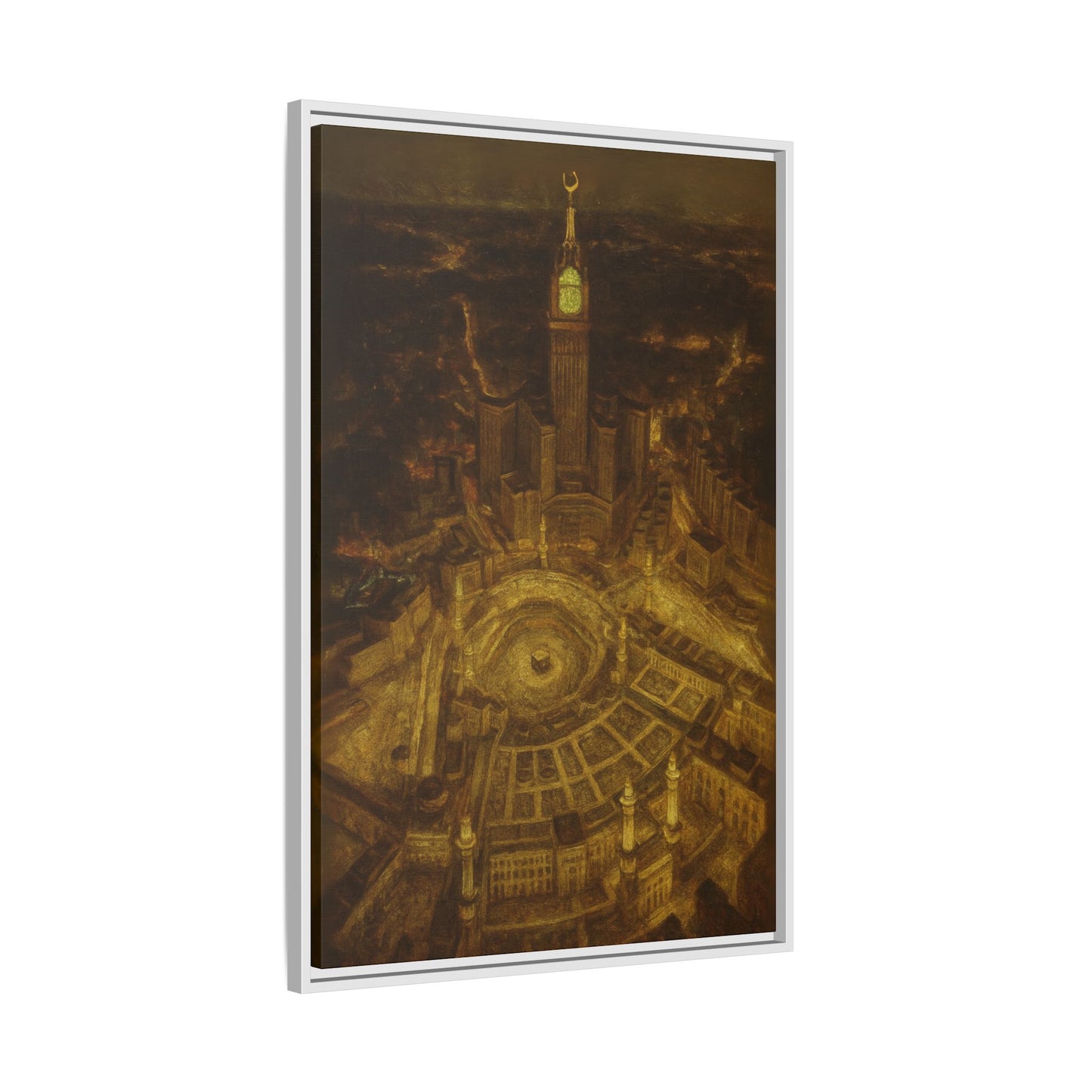 Golden Night Kaaba & Clock Tower – Aerial View Framed Canvas