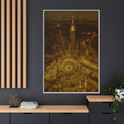 Golden Night Kaaba & Clock Tower – Aerial View Framed Canvas