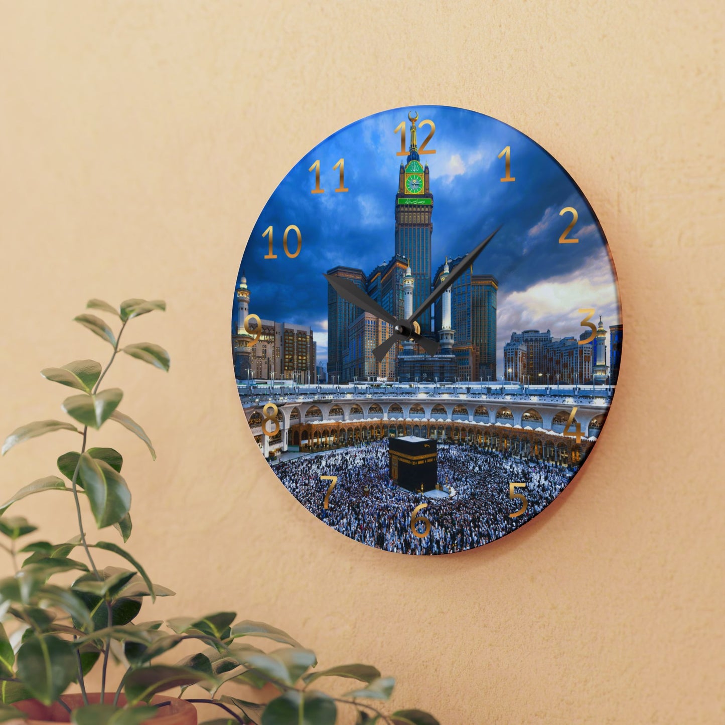 Kaaba Acrylic Wall Clock -Gold English Numerals