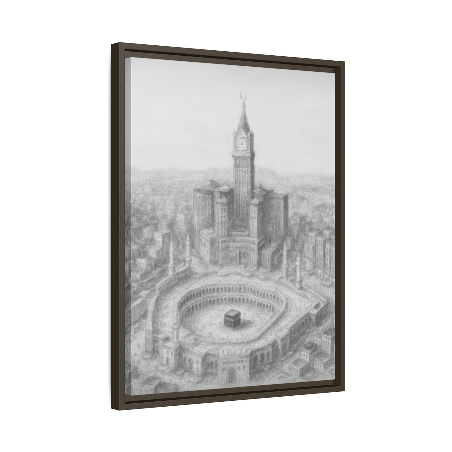 Black & White Kaaba & Clock Tower Drawing – Framed Canvas