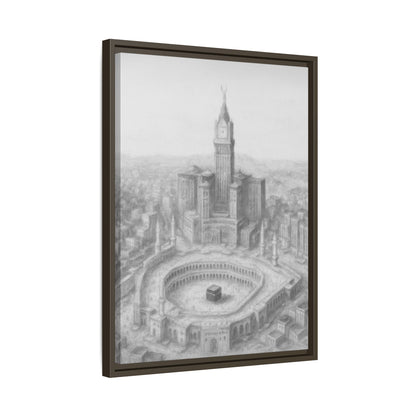 Black & White Kaaba & Clock Tower Drawing – Framed Canvas