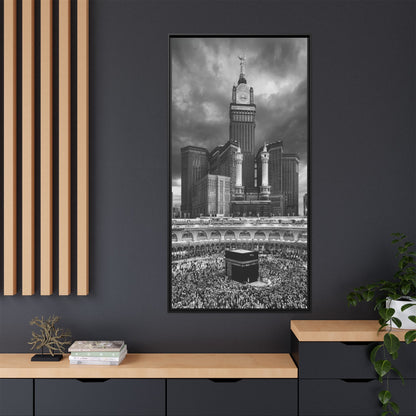 Black & White Makkah Clock Tower & Kaaba – Framed Canvas