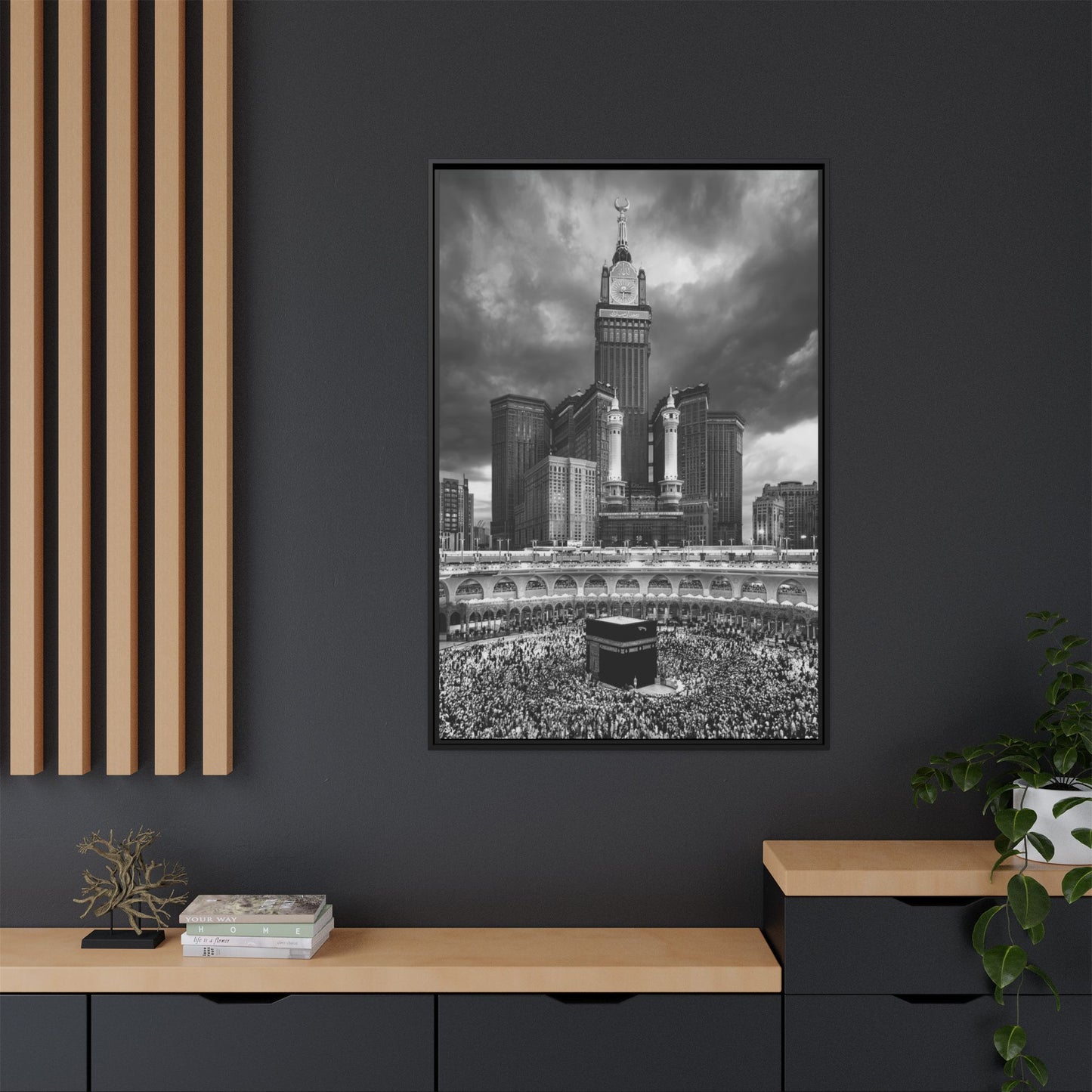 Black & White Makkah Clock Tower & Kaaba – Framed Canvas