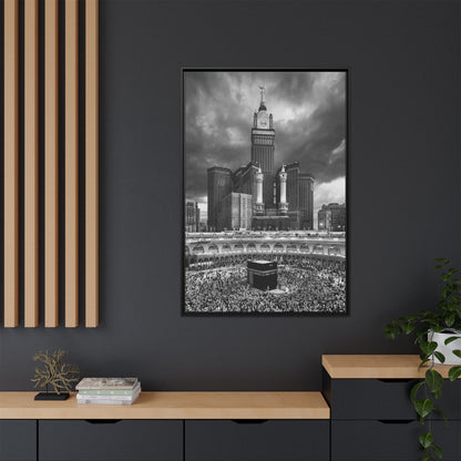Black & White Makkah Clock Tower & Kaaba – Framed Canvas