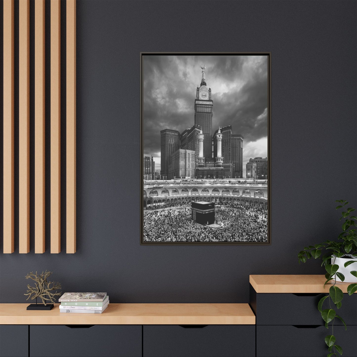 Black & White Makkah Clock Tower & Kaaba – Framed Canvas